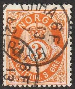 FRIMÆRKER NORGE | 1877 - AFA 23 - Skraveret Posthorn - 3 øre orange - Stemplet